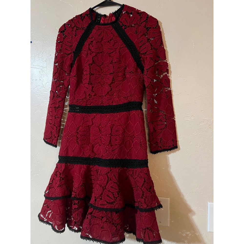 Alexis Khans Dress Burgundy Lace Long Sleeve Tiered Ruffle Mock Neck Cocktail S - Picture 3 of 10